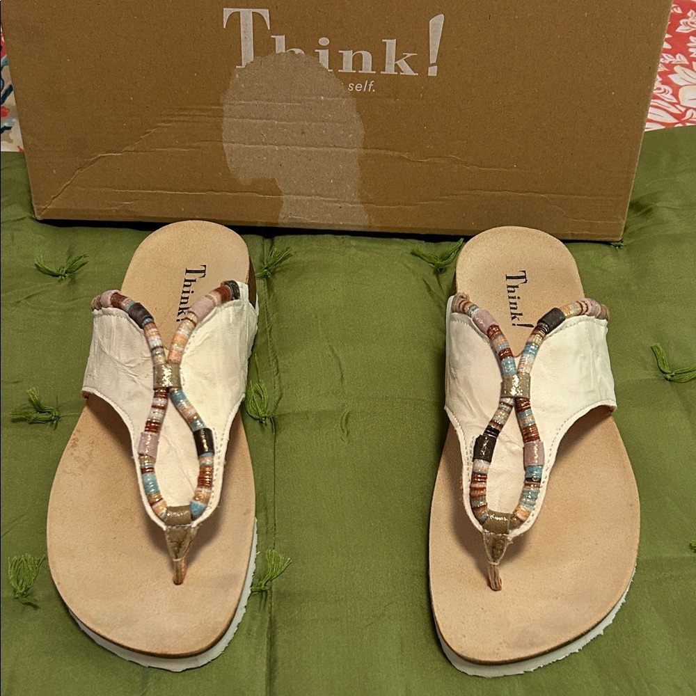 Think! Women's Beaded Sandals - Cream and Tan